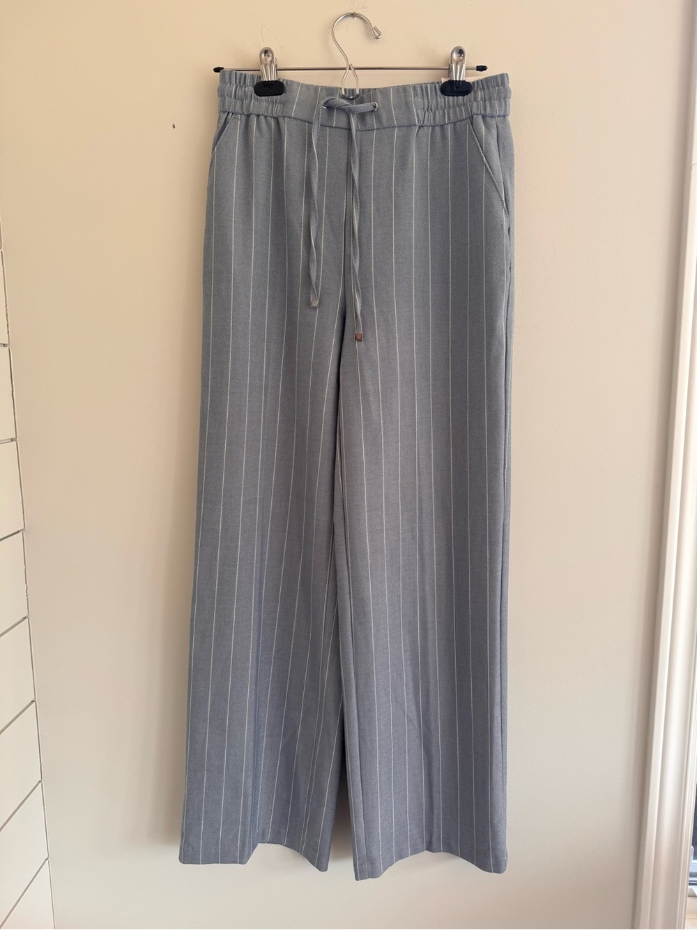 Wide Leg Pinstripe Pull-On Pants in Light Gray